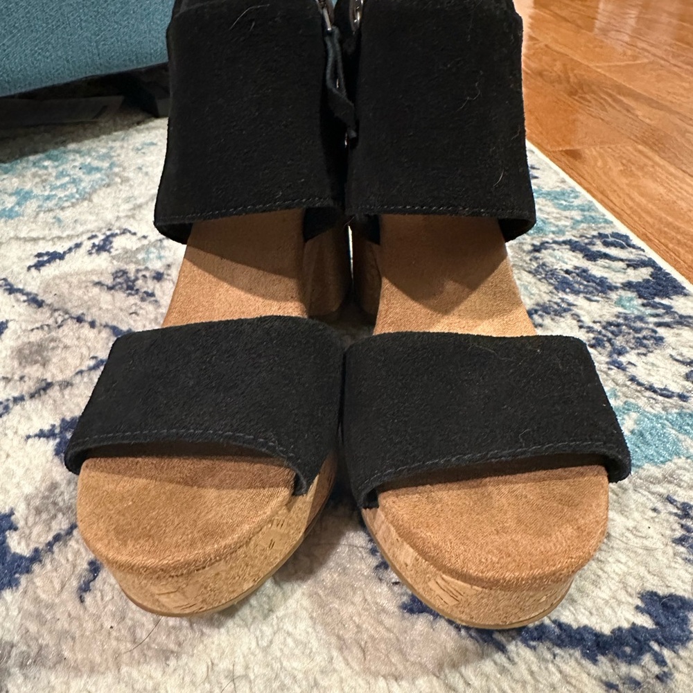 TOMS Majorca Black Suede Platform Cork Sandals - Picture 5 of 13
